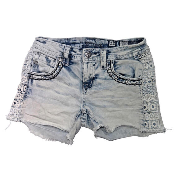 Miss Me Equestrian Western Distressed Lace Embellished Jean Jorts Short Girls 12 - Picture 1 of 14